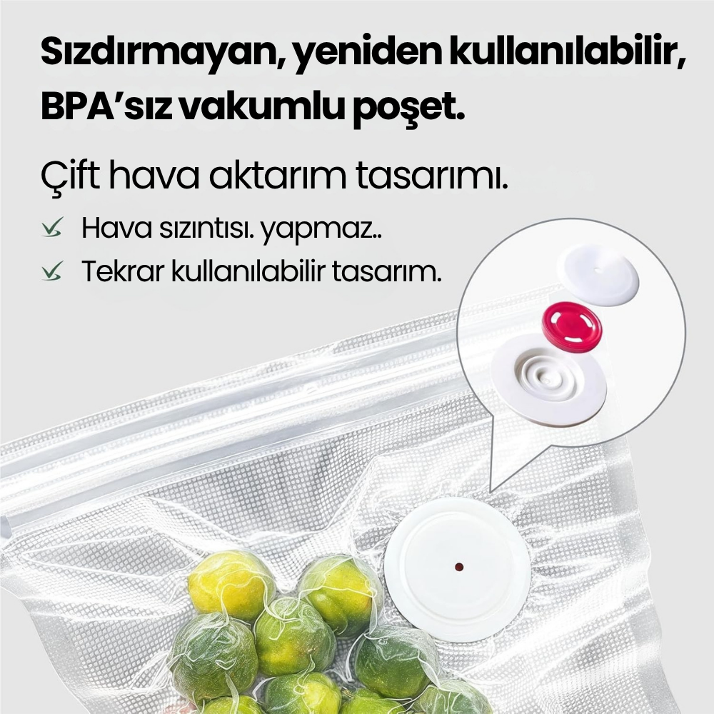 Vakumlu Yeniden Kullanılabilir Gıda Saklama Poşeti